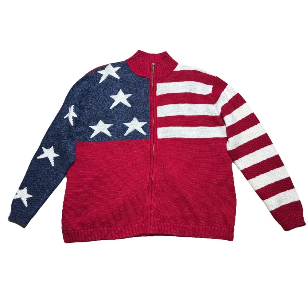 Vintage Tiara International Cardigan Women's XL American Flag Zip USA *spots